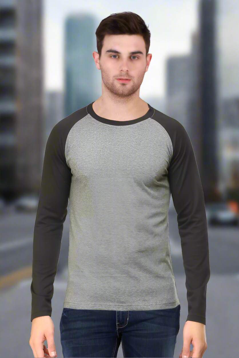 Stylish Raglan Full Sleeve Black Charcoal Melange T-shirt 