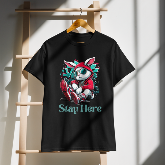 Stay Here Funky Rabbit Graphic Tee | Women's Round Neck T-Shirt